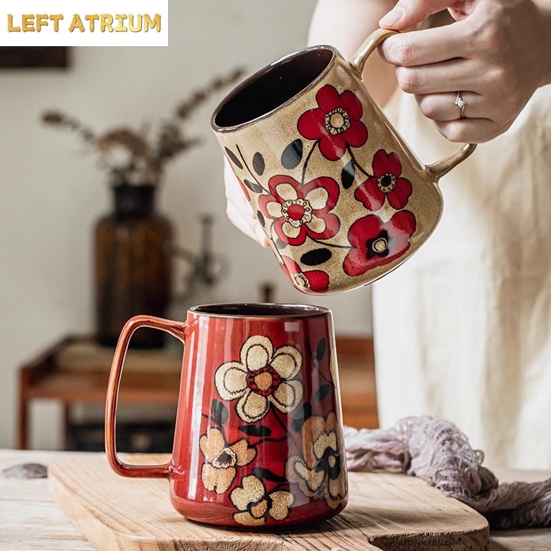 Tea Coffee Utensils - كوب سيراميك مزخرف برسومات يدوية للزهور،