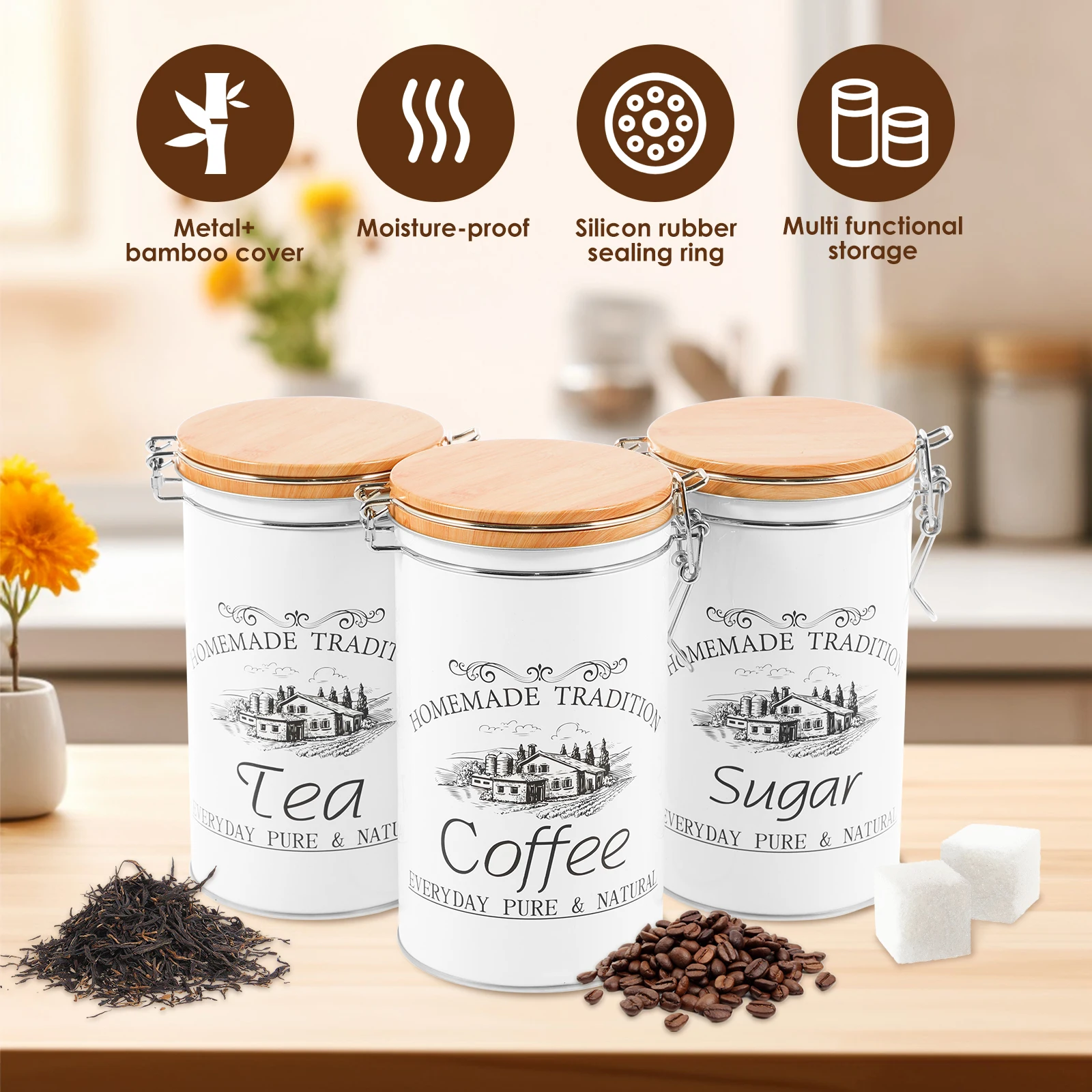 مجموعة من 3 علب معدنية لتخزين  - مراجعة Tea Coffee Sugar Container وسعره